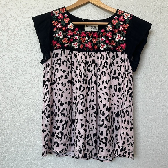 Savanna Jane Blouse Top Floral Embroidered Animal Print Black Pink size Small - Picture 3 of 10